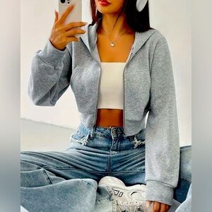 New - Trendy - Full Zip Cropped Hoodie - Grey - Size M